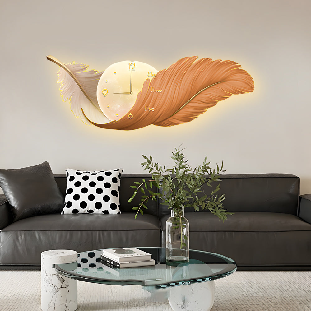 2-In-1 Wall Feather Painting Hanging Decor LED Wall Lamp Wall Clock-Lighom