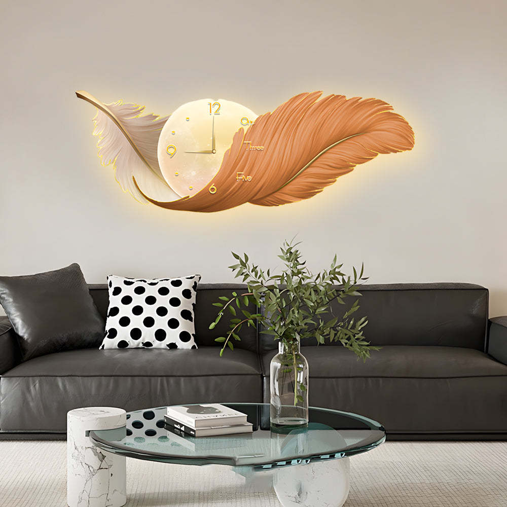 2-In-1 Wall Feather Painting Hanging Decor LED Wall Lamp Wall Clock-Lighom