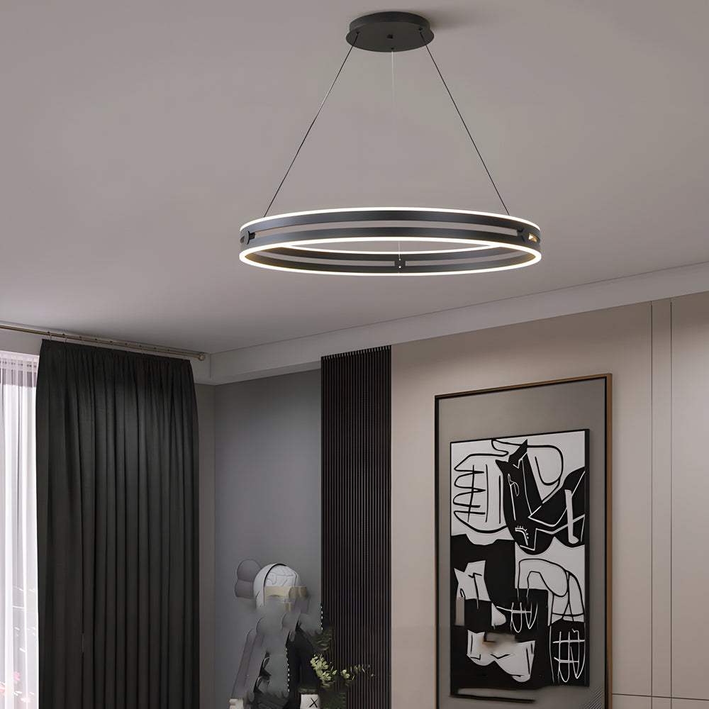 23.6" Double Wheel Modern LED Pendant, Black/Gold/Brown