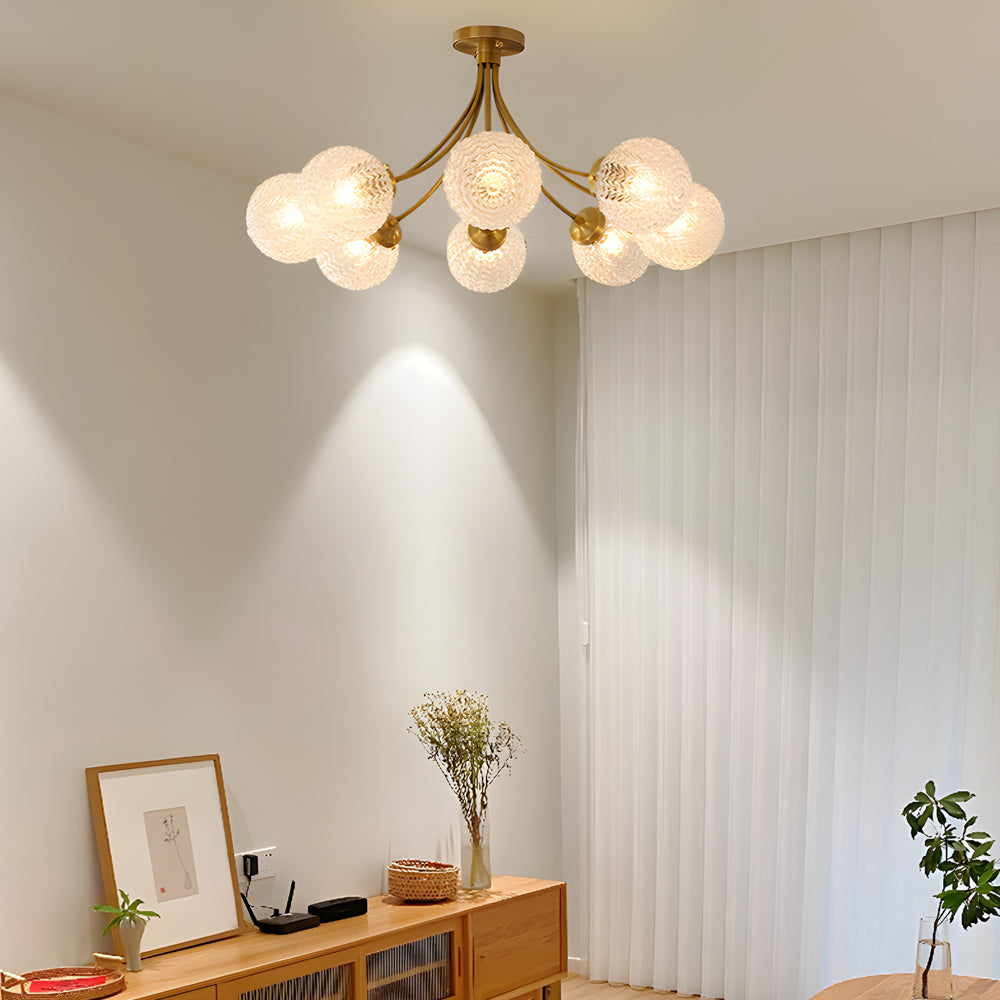 Modern carved semi-flush gold chandeliers in brass — 8-Light