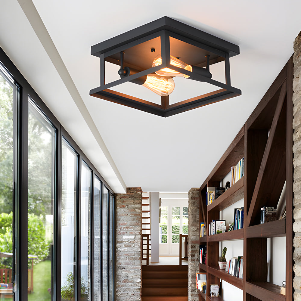 Square Iron Frame American Country Ceiling Light