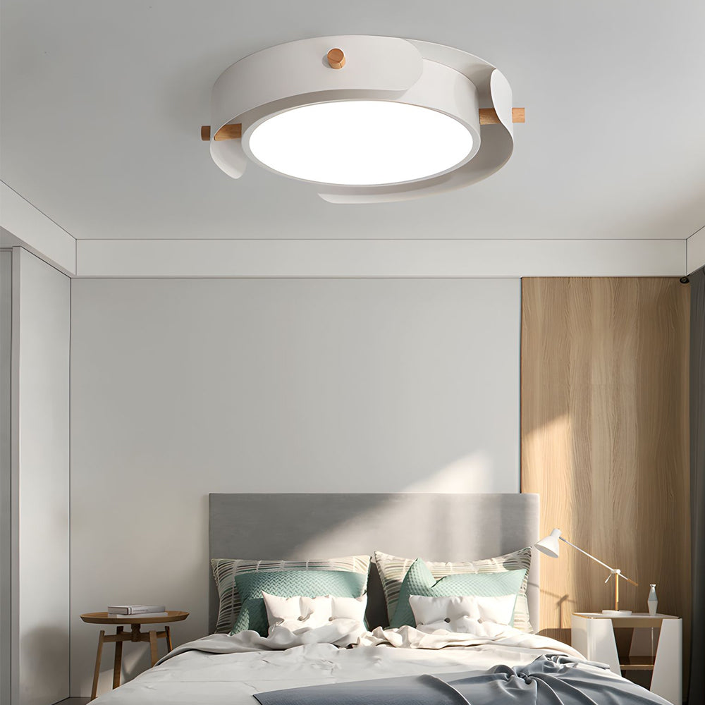 Round Nordic White Metallic Wood Drum Flush Mount Light