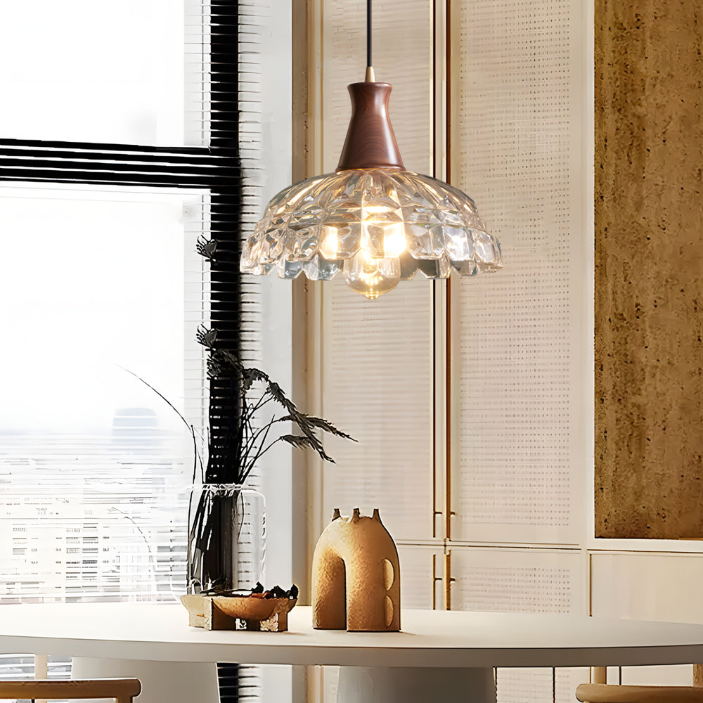 Modern Copper Blossom Glass Wood Pendant Light