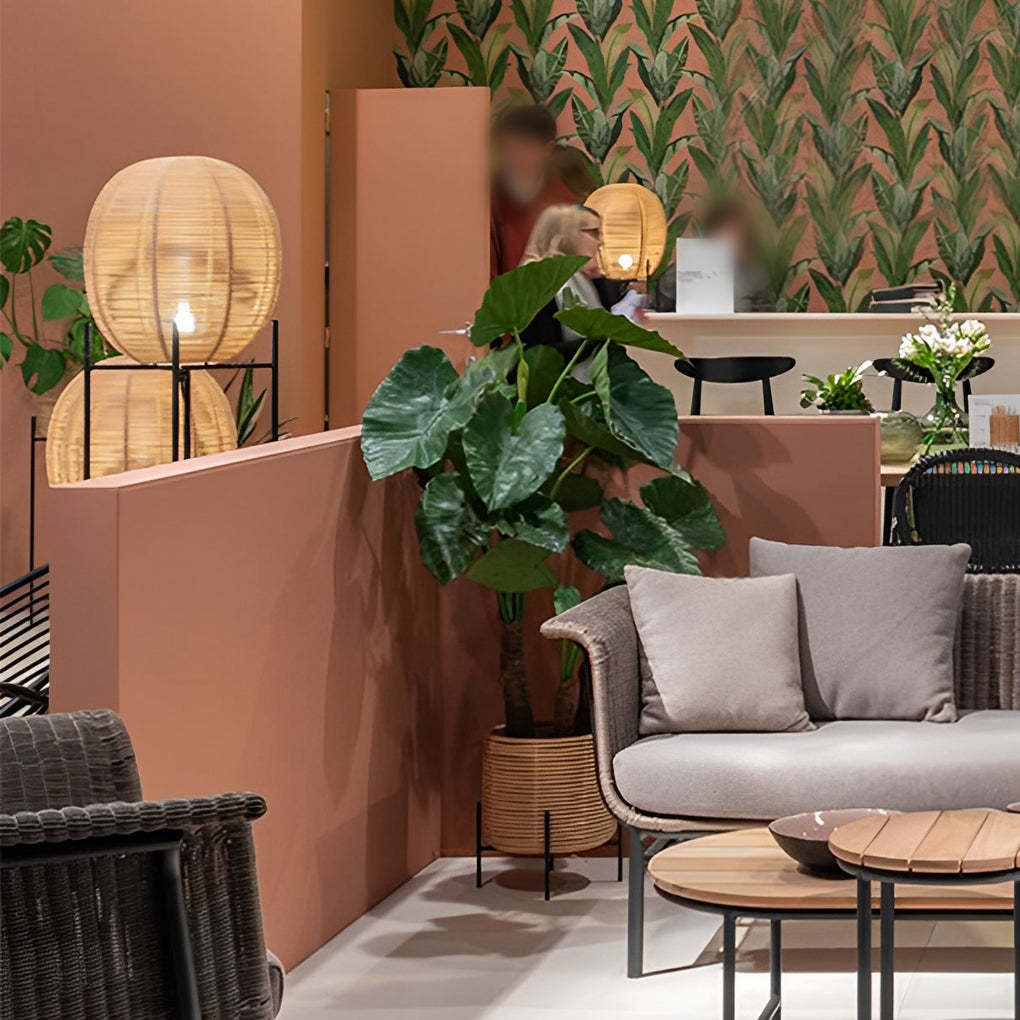 Rustic Boho Rattan and Metal Frame Accent Floor Lamp-Lighom