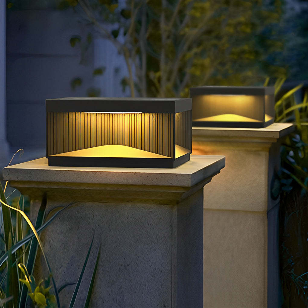Square Metal Striped Black Solar Fence Post Light — Solar