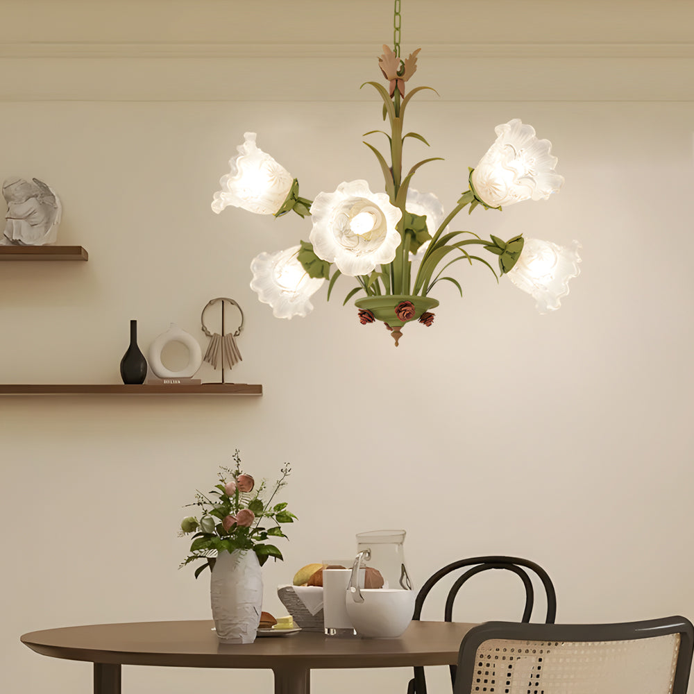 French flower pastoral green metal chandeliers, Lighom — 6-Light