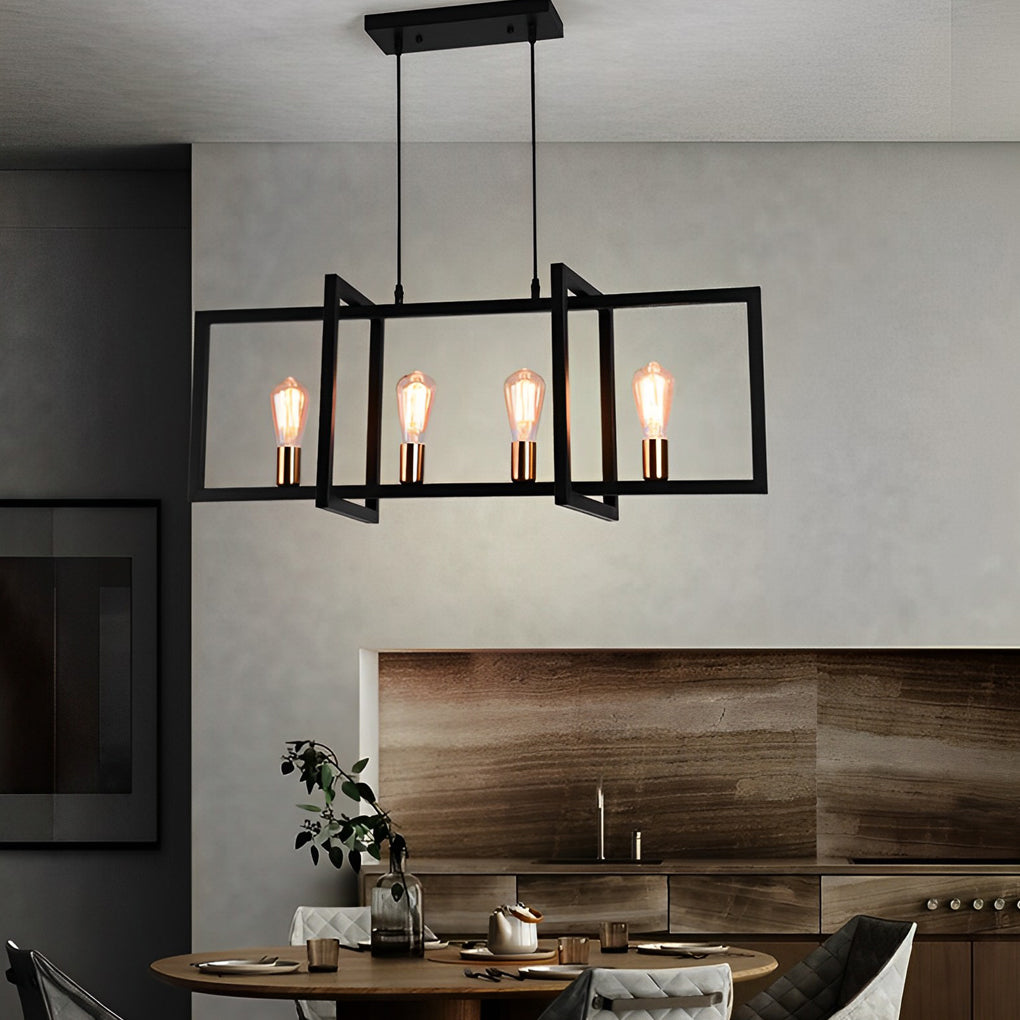 Mid-century rectangular black iron metal steel chandeliers, Lighom