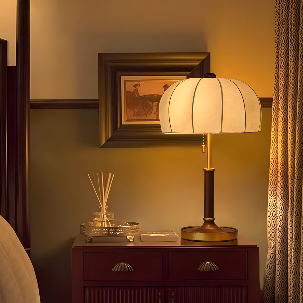 Retro Brass Dome Fabric Table Lamp Pull Chain Bedroom Lamp-Lighom
