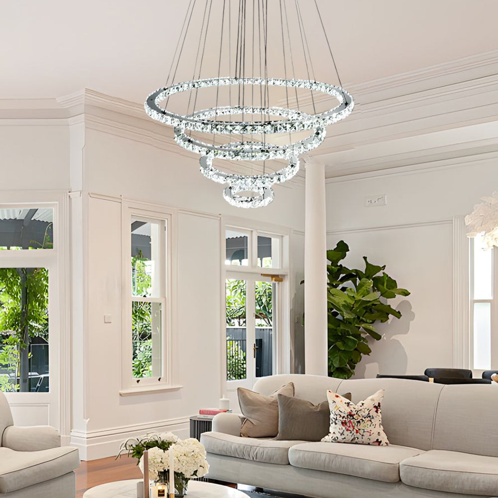Modern 4-ring chandeliers in crystal — Cool White (6000K)