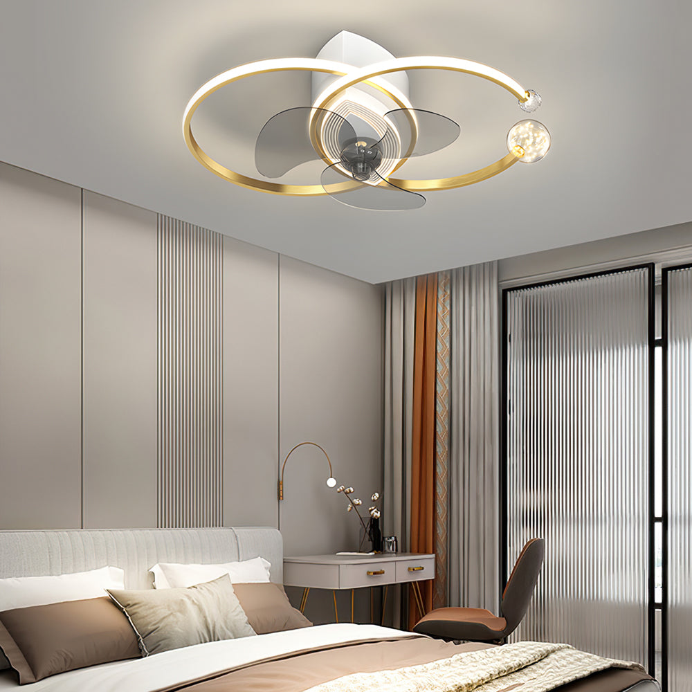 Modern 2-ring frame black ceiling fans, Lighom — Brushed Gold