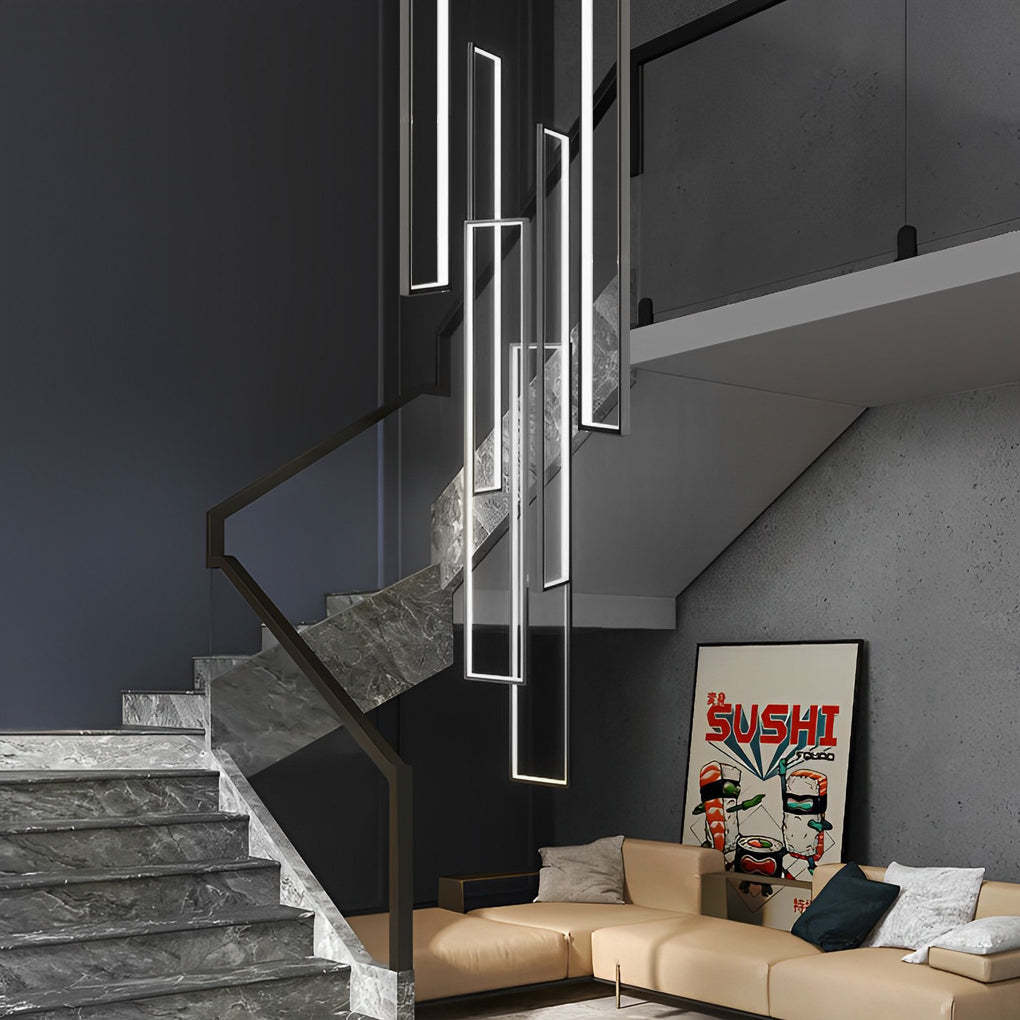 6-Light Rectangular Aluminum Black Nordic Stair Chandelier — Warm White