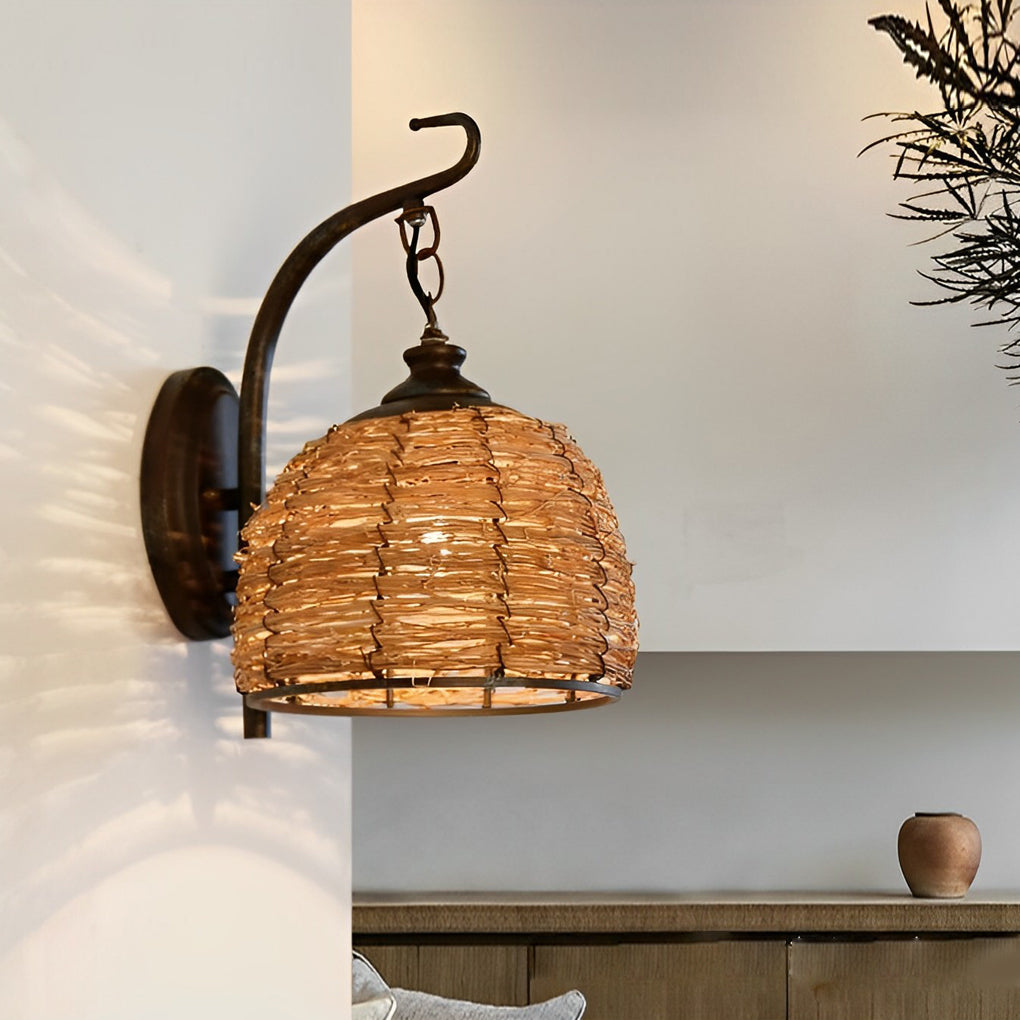 Hand Weaving Rattan Grass Iron Retro Rustic Wall Lamp Wall Light Fixture-Lighom