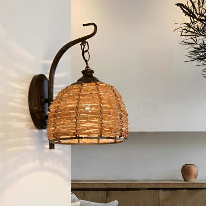 Hand Weaving Rattan Grass Iron Retro Rustic Wall Lamp Wall Light Fixture-Lighom
