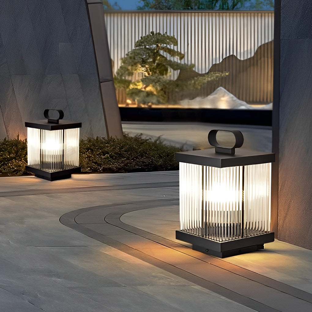 Square Portable Striped Glass Black Solar Outdoor Light
