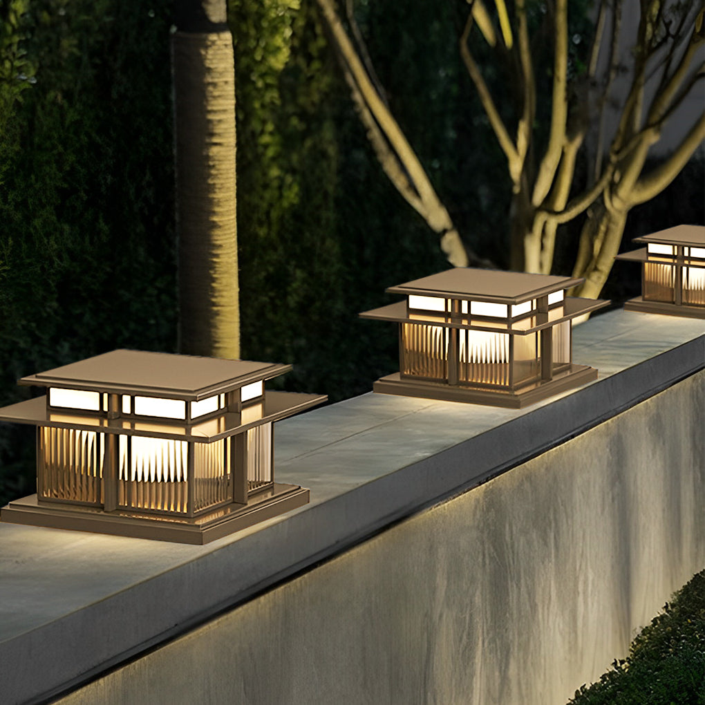 Industrial cap pillar gold brass outdoor post lights, Lighom — 9.7" L x 9.7" W x 5.5" H / Solar