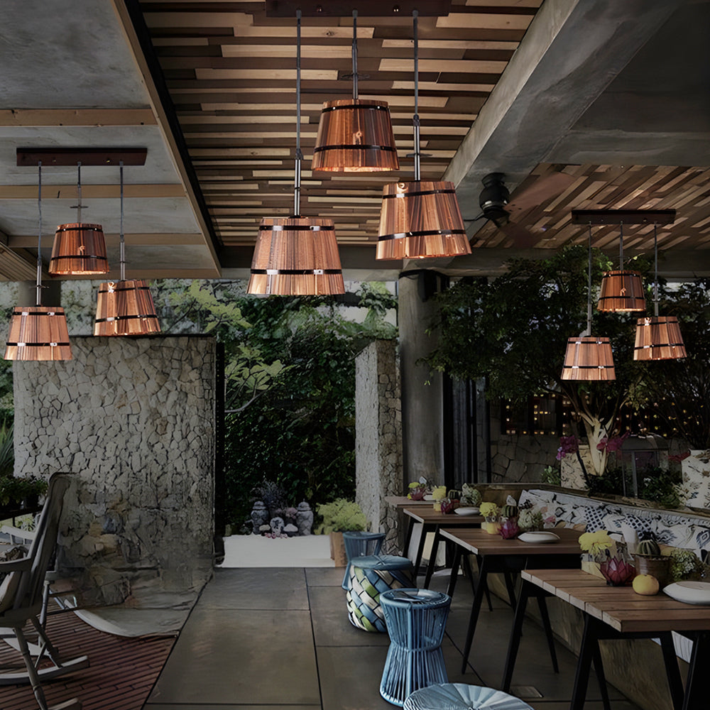 Rustic Wood Bucket Shade Cafe Pendant Light
