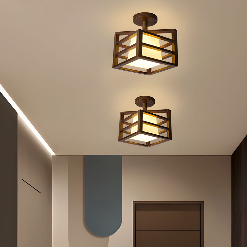 Square Walnut Wood Frame Semi-Flush Ceiling Light