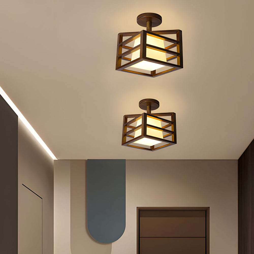 Square Walnut Wood Frame Semi-Flush Ceiling Light