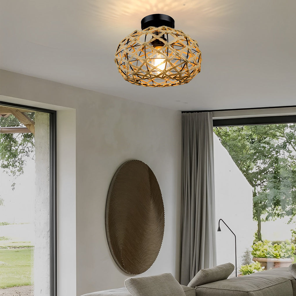 Round Hand-Woven Cage Rope Beige Retro Pendant Chandelier