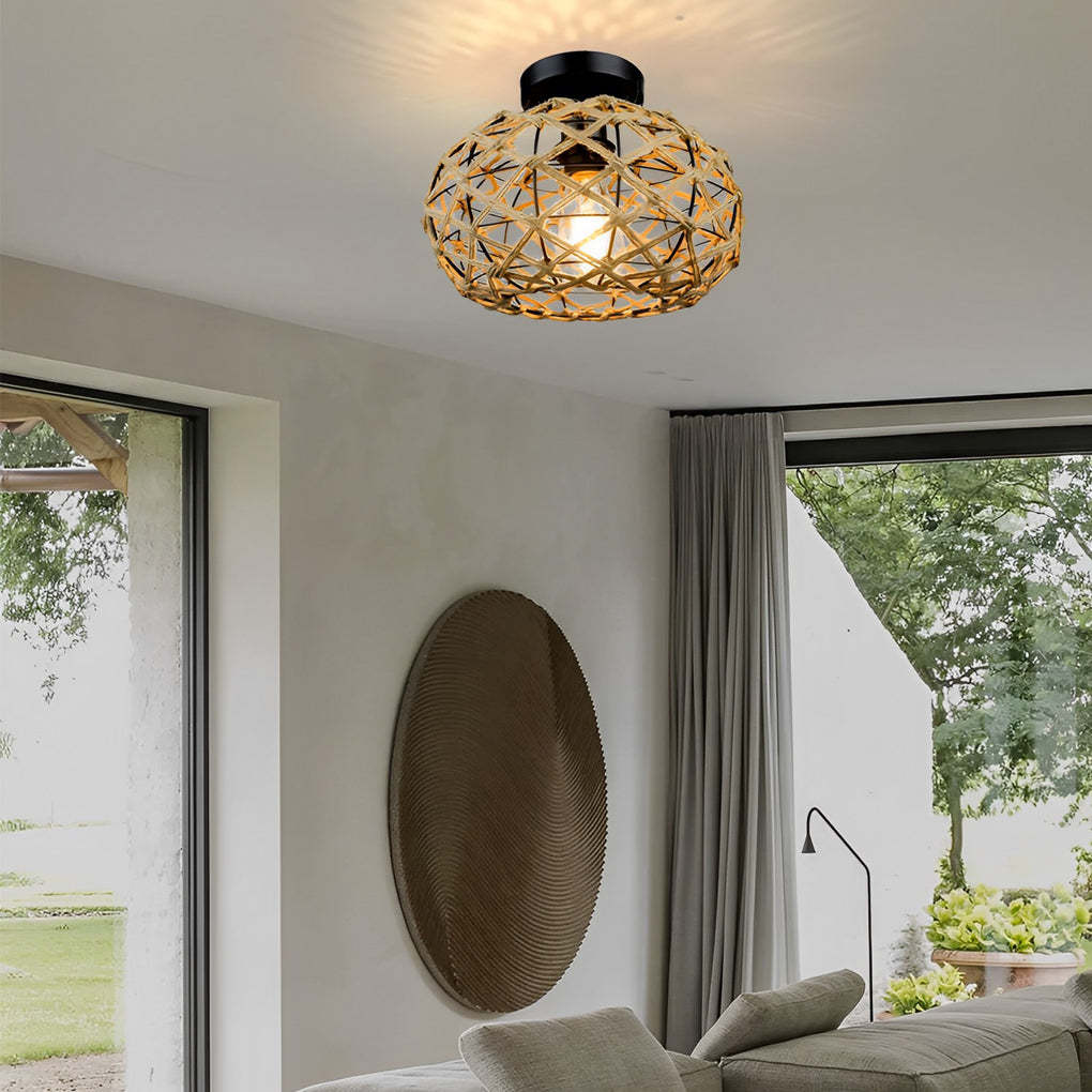 Round Hand-Woven Cage Rope Beige Retro Pendant Chandelier