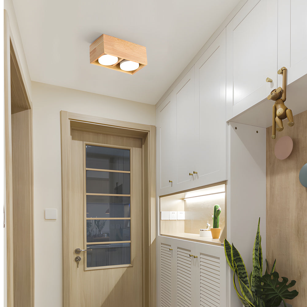 Lighom minimalist spotlight cube brown flush mount lighting in wood — 2-Light