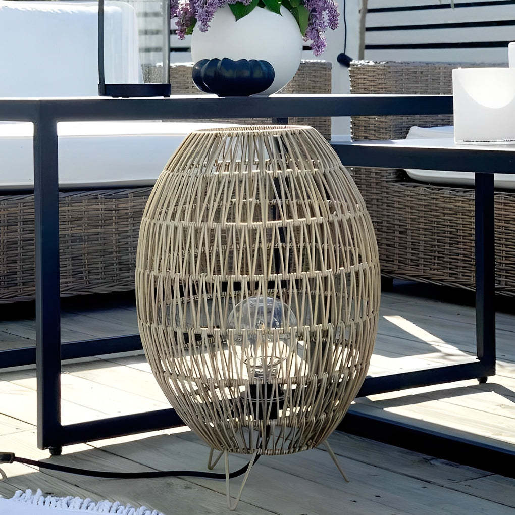Spaceship Lighting Handmade Rattan Oval Cage Waterproof Outdoor Floor Lamp-Lighom