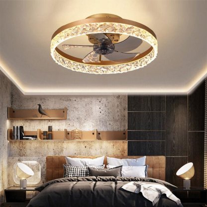 5- Blade Circular Iron Rustic Flush Mount Ceiling Fan With LED Bulbs Remote Control-Lighom