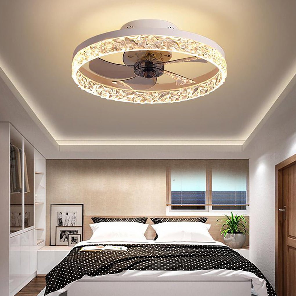 5- Blade Circular Iron Rustic Flush Mount Ceiling Fan With LED Bulbs Remote Control-Lighom