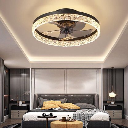 5- Blade Circular Iron Rustic Flush Mount Ceiling Fan With LED Bulbs Remote Control-Lighom