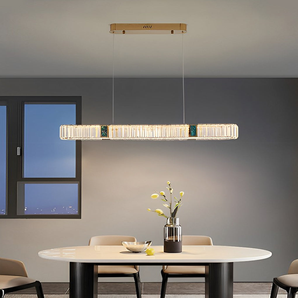 Modern strip rectangular gold pendant lighting in crystal — 39.4" L x 5.9" W x 29.9" H