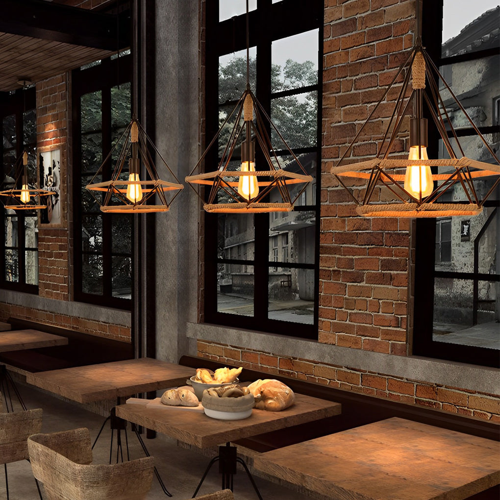 Geometric Iron Rope Lantern Black Rustic Pendant Chandelier