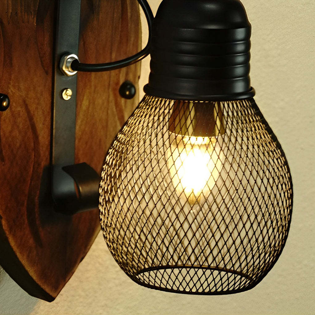 Rustic Antique Wood Iron Hollow Mesh Black E27 Industrial Style Wall Lamp-Lighom