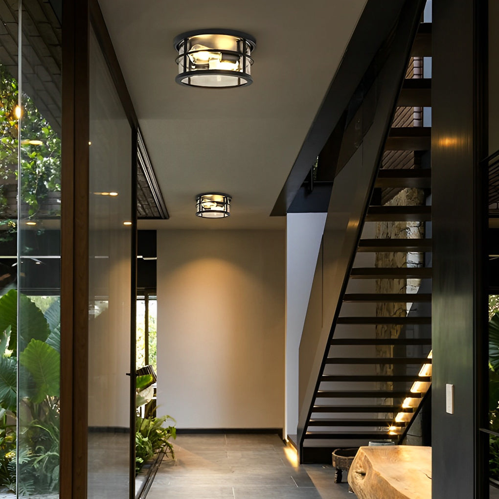 Round Waterproof Black Rustic Outdoor Ceiling Light
