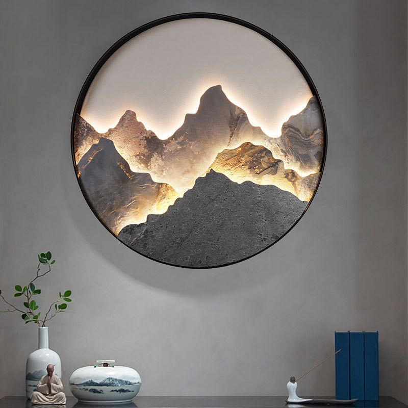 Round Natural Rock Slab Mountain Scenery Painting Modern Wall Lights Fixture-Lighom