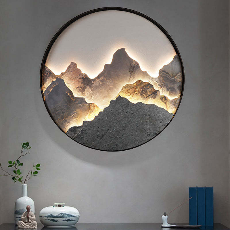 Round Natural Rock Slab Mountain Scenery Painting Modern Wall Lights Fixture-Lighom