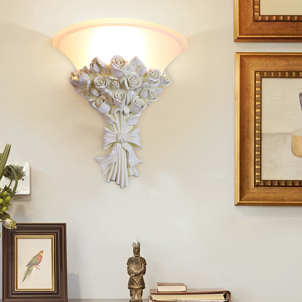 Retro Resin Roses Bouquet Glass European-Style Wall Lamp Wall Light Fixture-Lighom