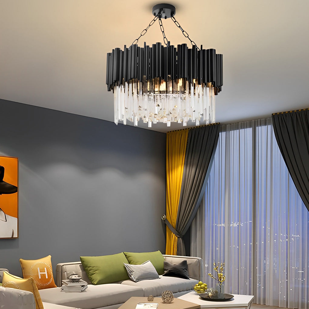 Circular Clear Crystal Metal Black Modern Pendant