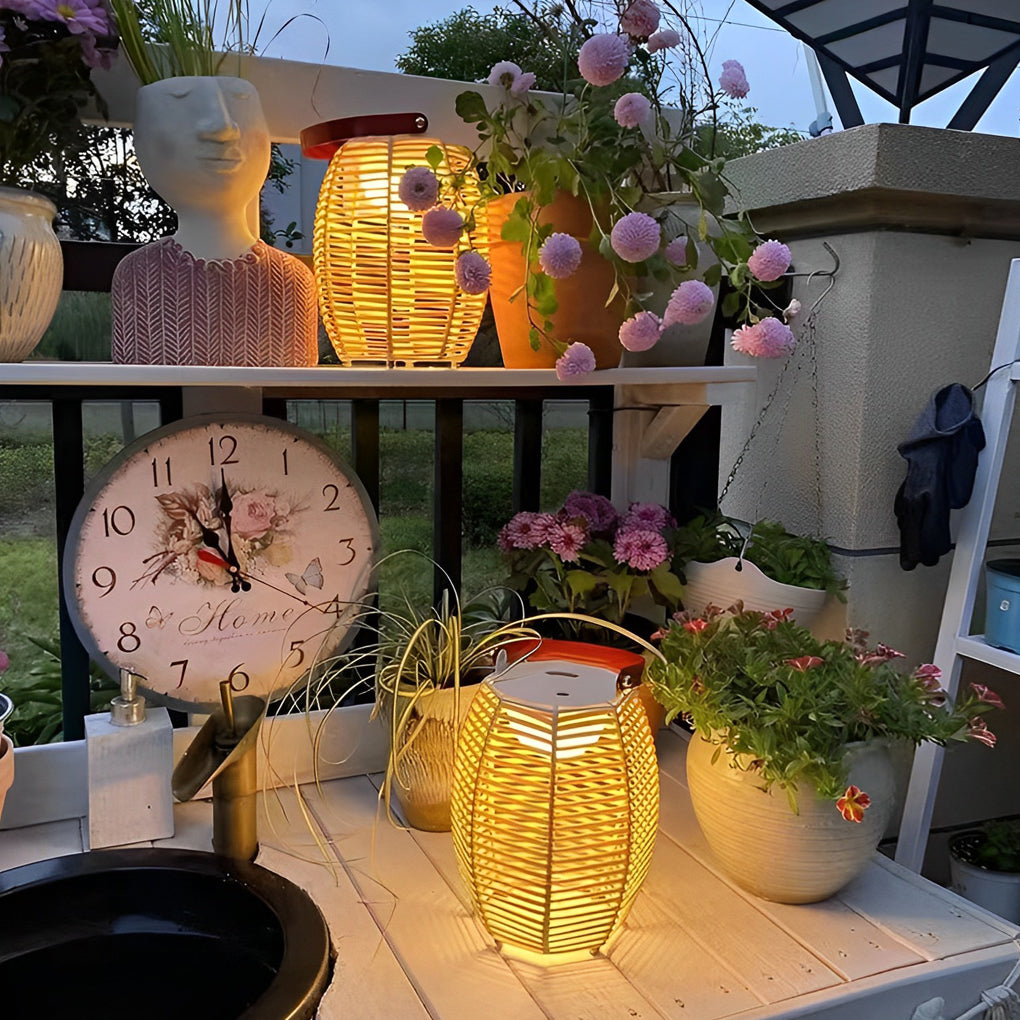 Portable Rattan Lantern LED Solar Outdoor Floor Lamp — Hardwired