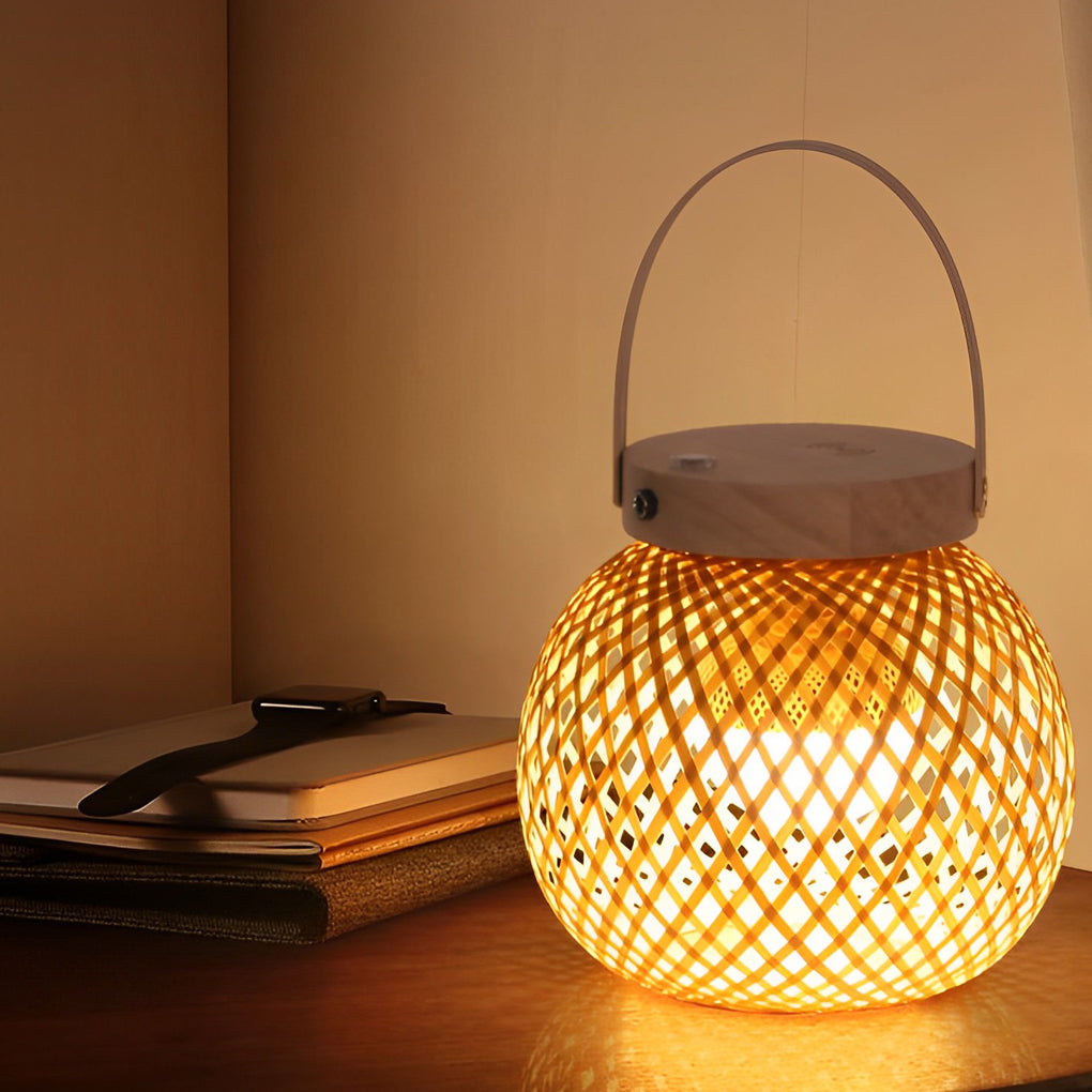 Rustic Portable Woven Bamboo Lantern Lamp