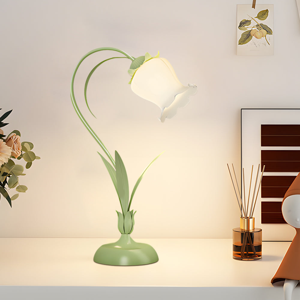 Rustic Green Desk Lamp with White Floral Shade and 3-Step Dimming for Homes-Lighom