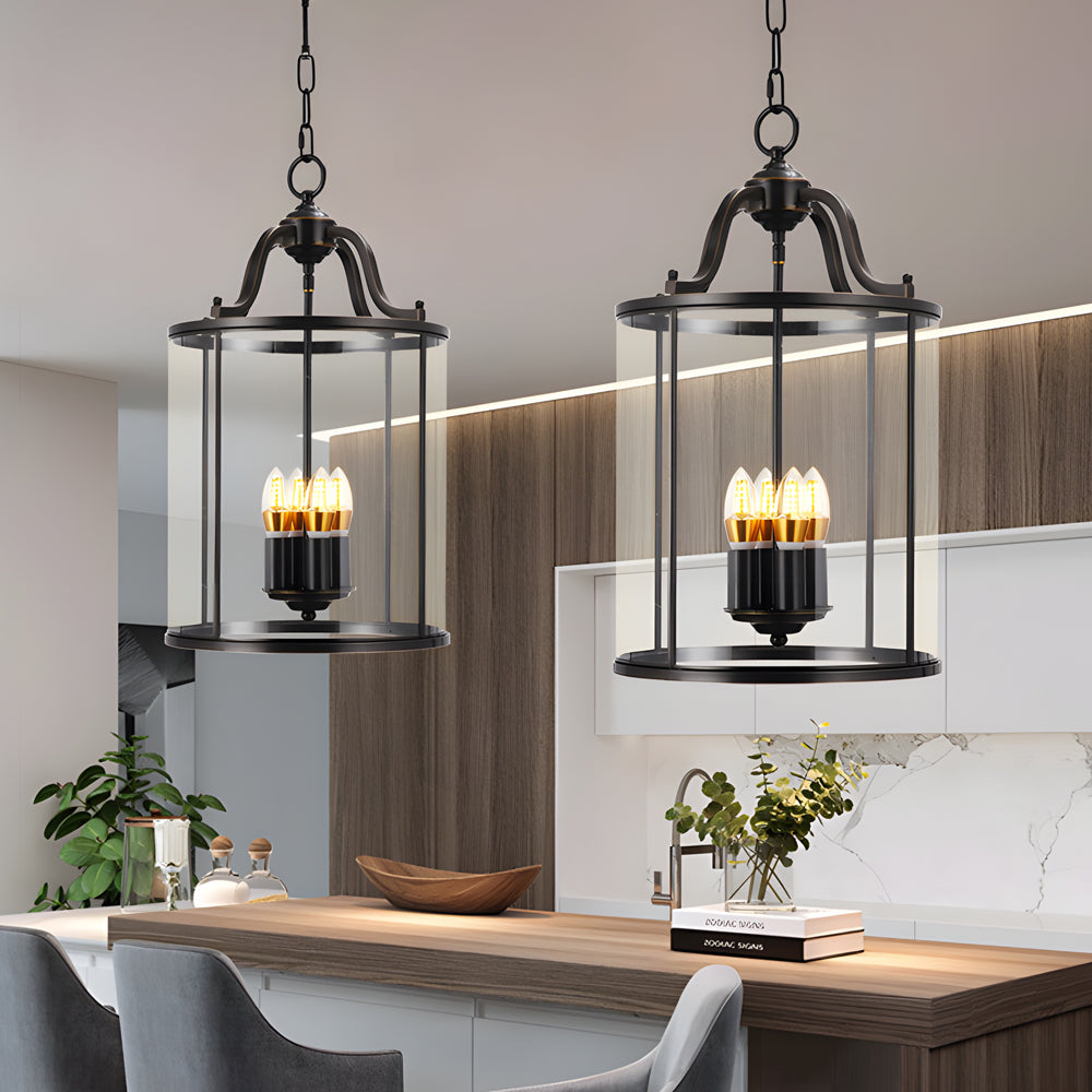 3/4-Light Vintage Cylinder Glass Lantern Pendant - Black
