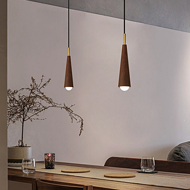Wood Cone Three-Step Dimming Copper LED Modern Pendant Light