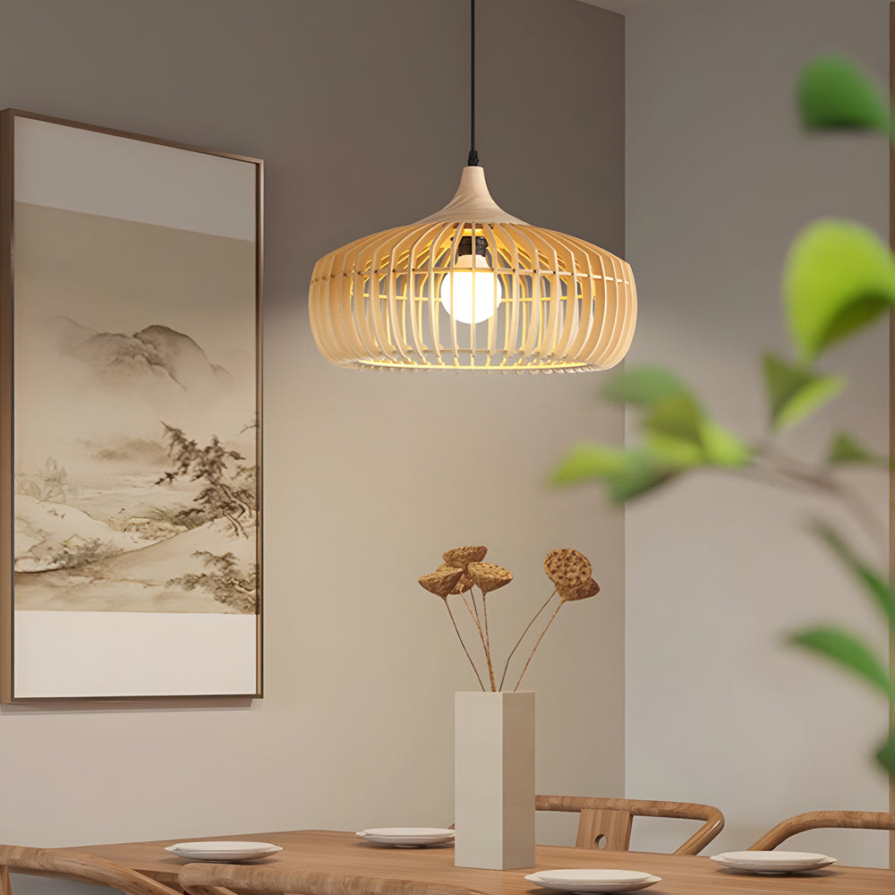 Rustic cage pendant lighting in wood — 7.5" H x 16.9" Dia / Cool White (6000K)