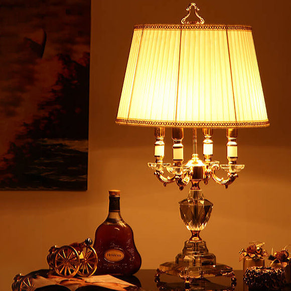European Fabric Candle Crystal 4-Light Table Lamp — 110V-120V For US/CA