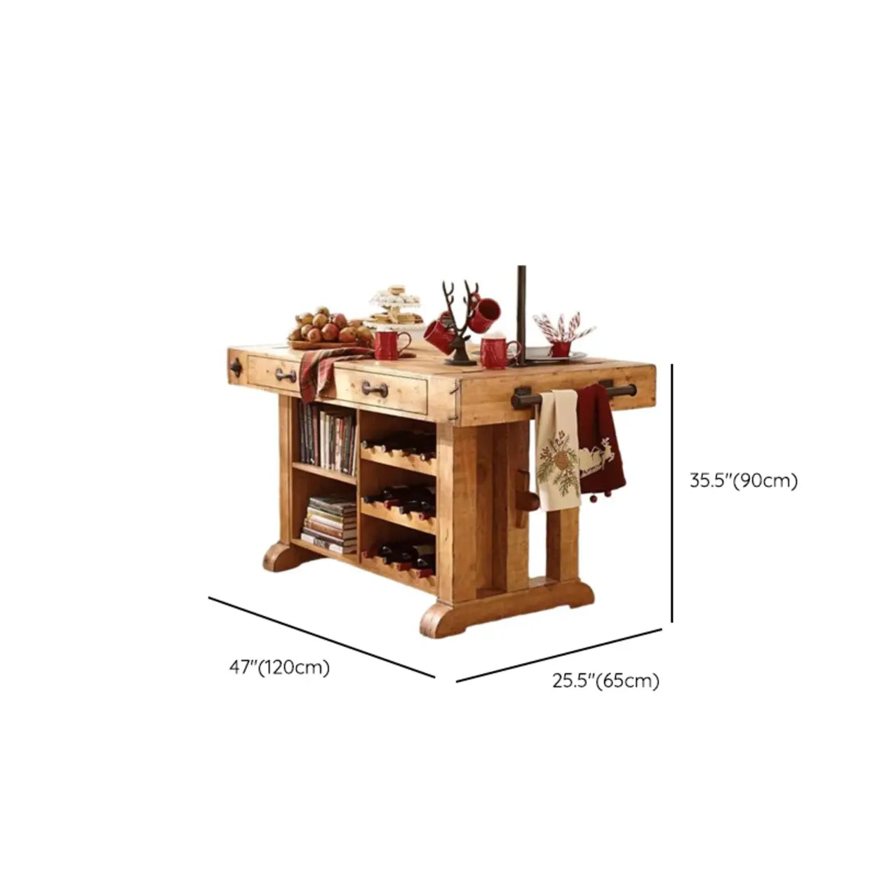 Rustic Wooden Kitchen Bar Table with Storage Shelves & Drawers #size