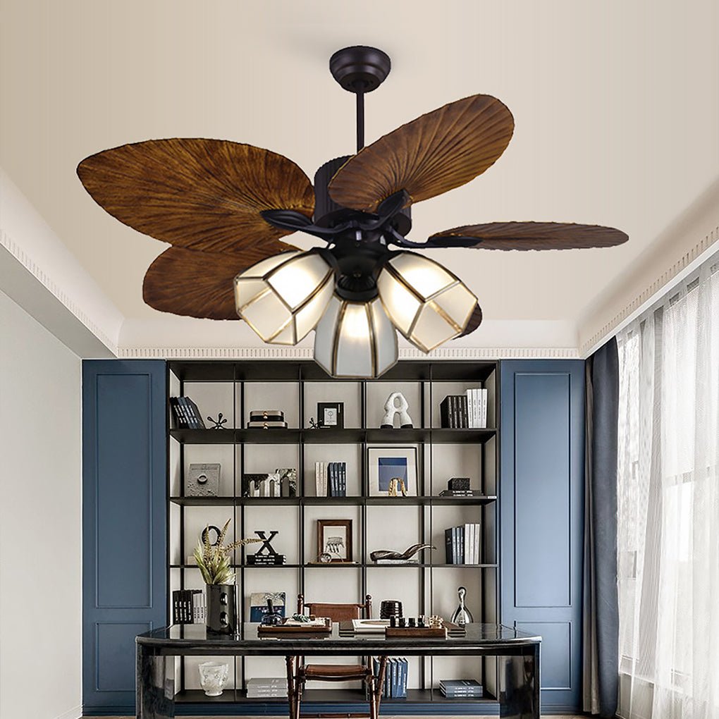52" Leaf Blade 12W LED Rustic Inverter Ceiling Fan Light — Copper Lampshade