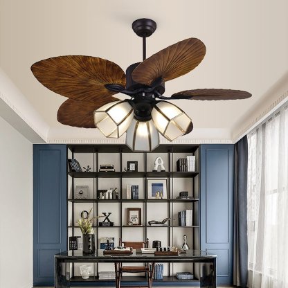 52" Leaf Blade 12W LED Rustic Inverter Ceiling Fan Light — Copper Lampshade
