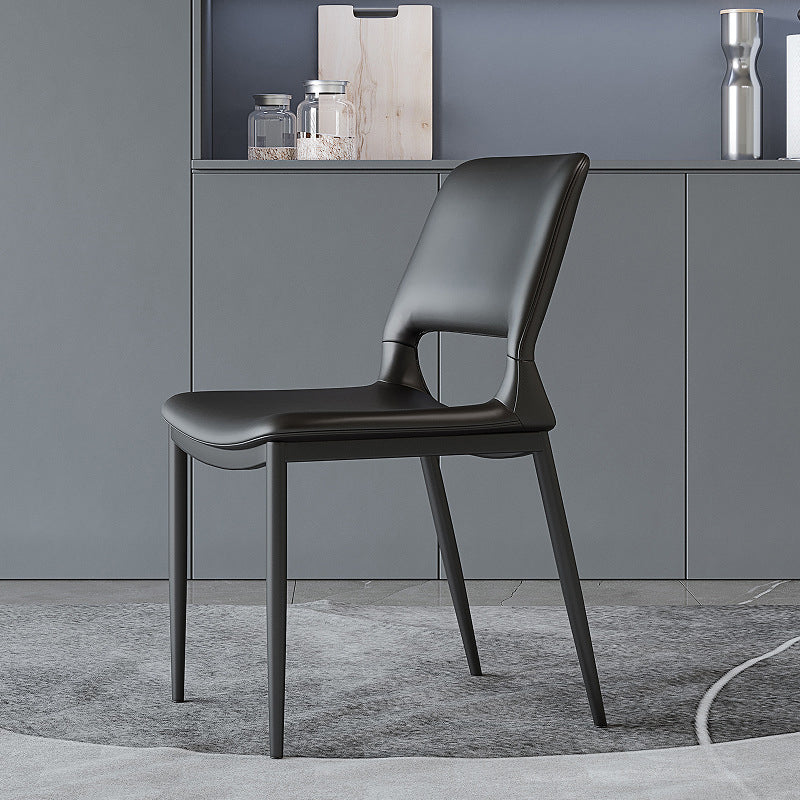 Minimalist Curved-Seat Leather Steel Dining Chair — Dark Gray