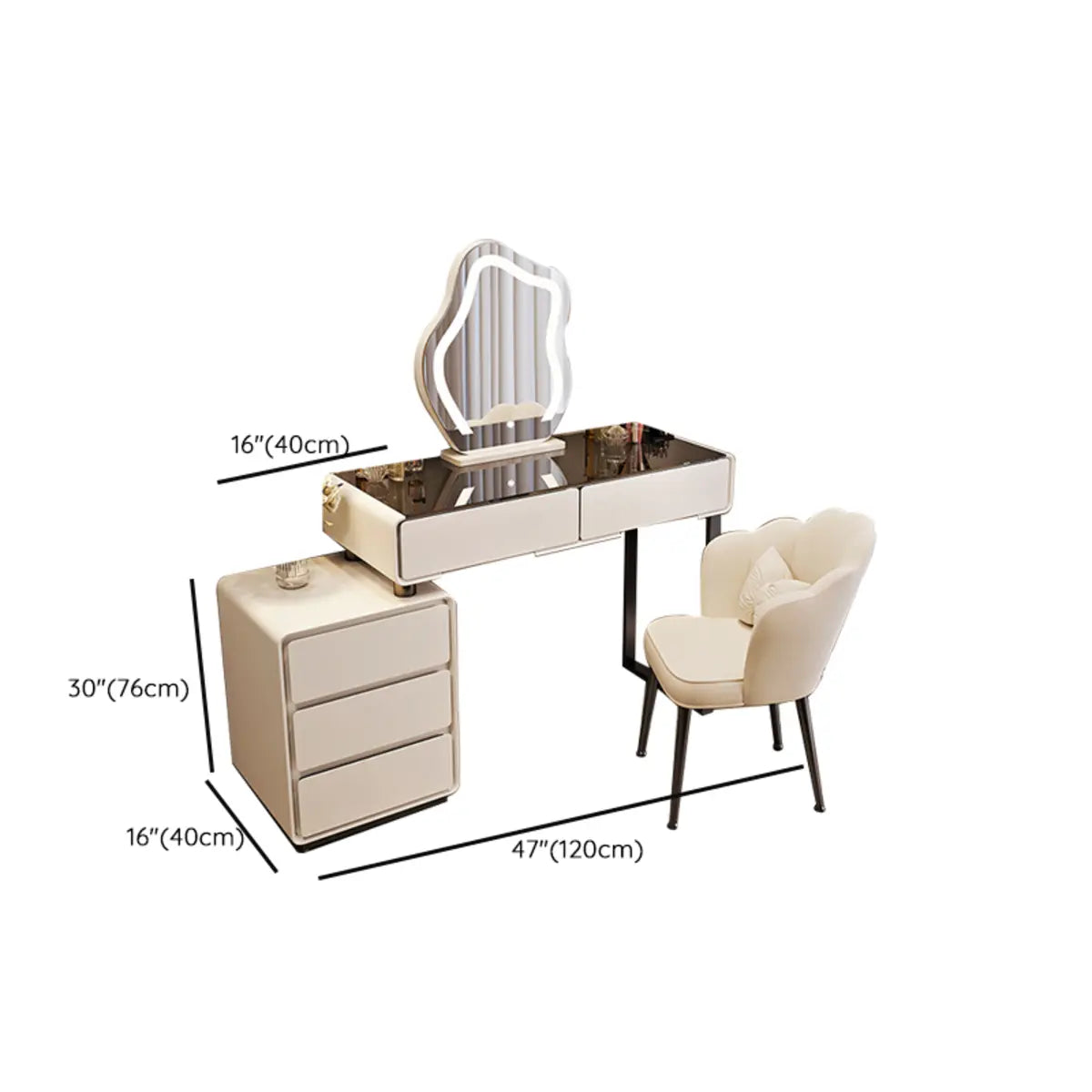 Contemporary Sliding Curved Mirror Off-White Vanity — Slate