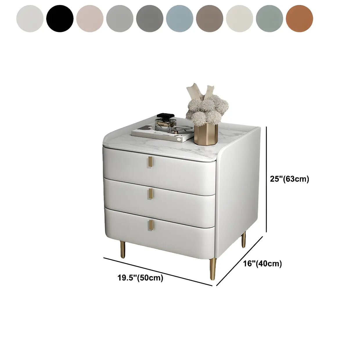 Curved Leather Off-White 3-Drawer Functional Nightstand #size